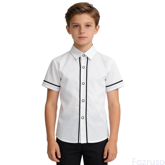 Fozruso Boys School Uniform Shirts Summer Casual Short Sleeve Button Down Shirt for Kids