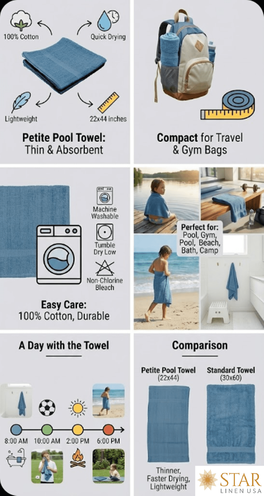 6 Pack 22 x 44 Petite Towels – Thin, Lightweight, 100% Cotton, Solid Blue | Ideal for Gyms, Kids, Spas, Pools, Beaches & Summer Camps