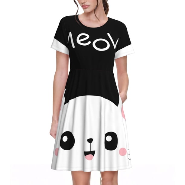 Easygdp Cat Meow para Vestido Transpirable de Mujer, Vestido Suelto de Manga Corta con Pliegues y Bolsillos para el Verano