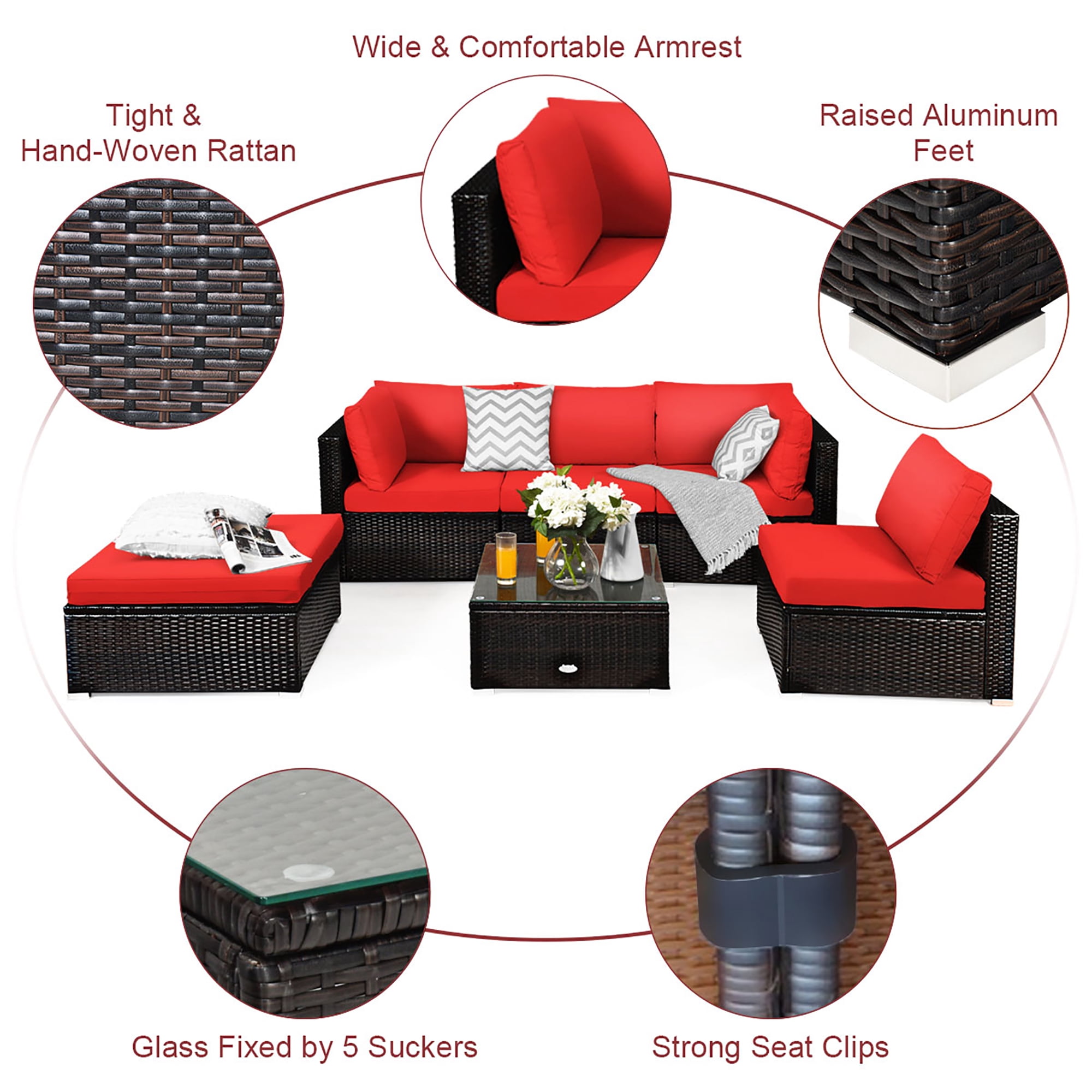 6PCS Outdoor Patio Rattan Furniture Set Cushioned Sectional Sofa Red