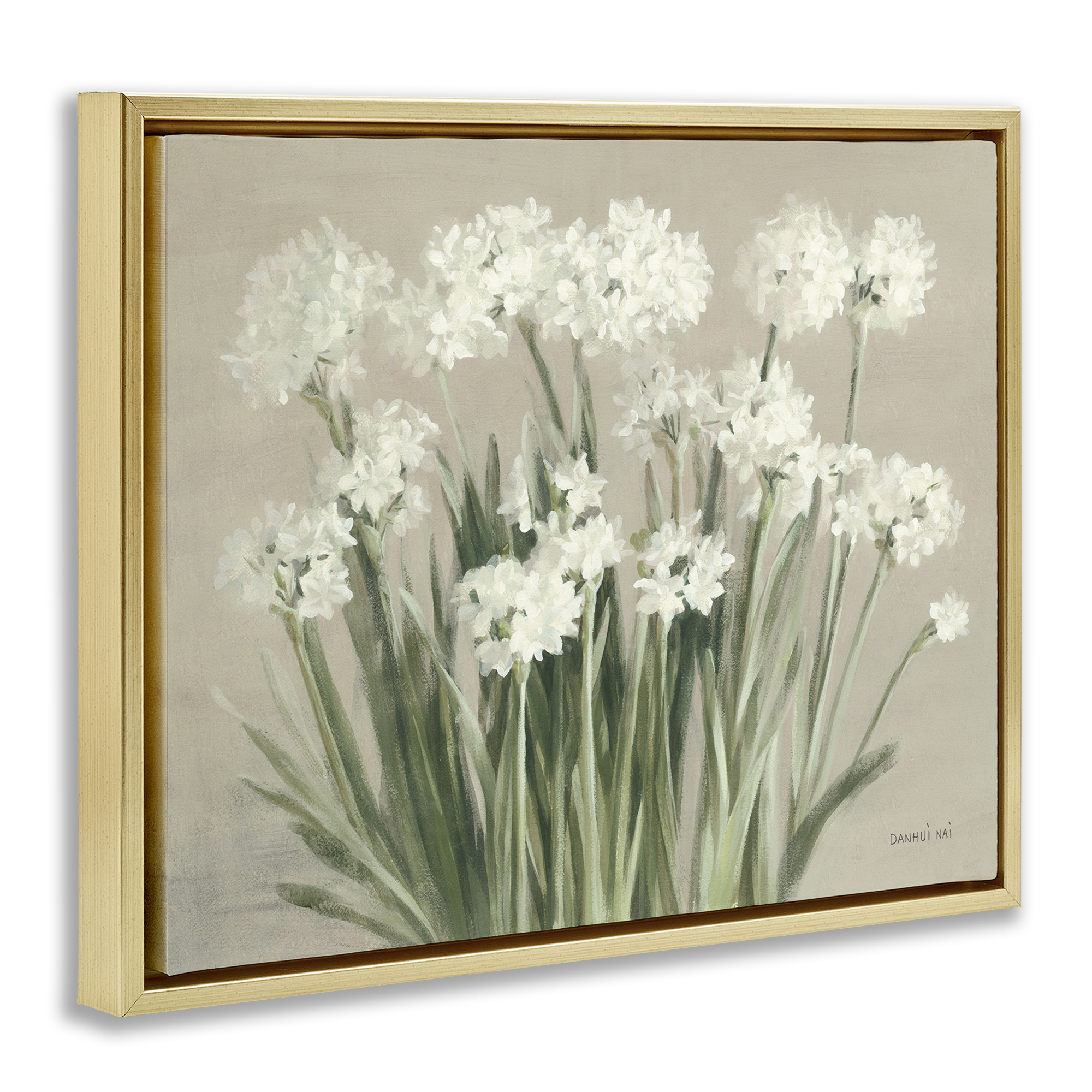 Stupell Industries Snowy Floral Paperwhites Botanical & Floral Painting Gold Floater Framed Art Print Wall Art, 31 x 25