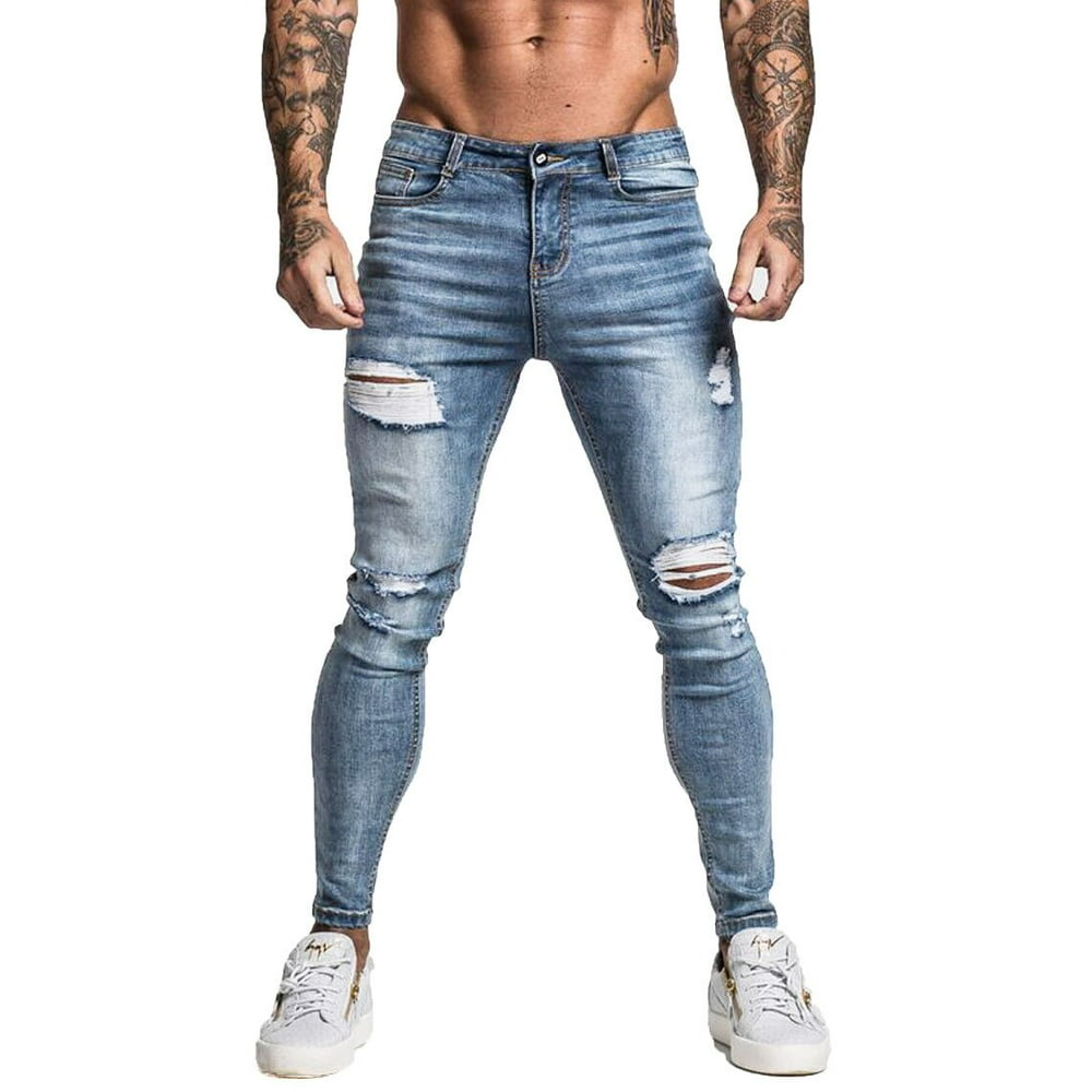 GINGTTO - GINGTTO Men's Skinny Stretch Ripped Tapered Leg Jeans Light ...