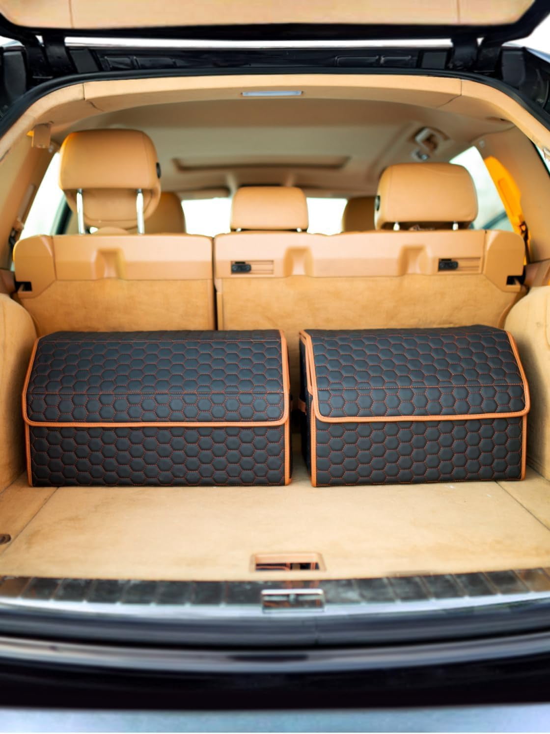 Owleys SUV and Car Rear Cargo Organizer Set Foldable Eco-Leather Trunks Magnetic Lids Hexy 2 Pcs
