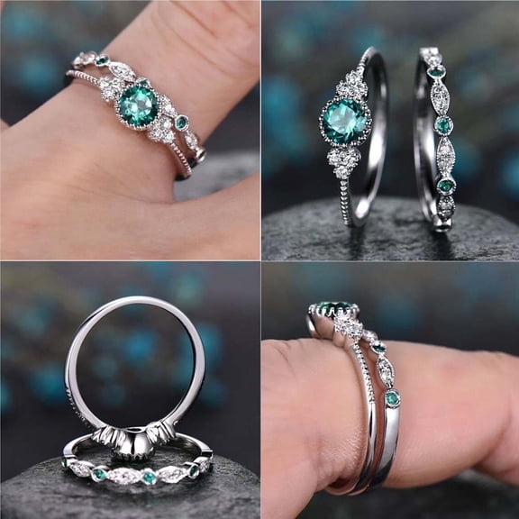 KALLORY 2Pcs Green Stone Ring for Women Vintage Design Fashion Accessory