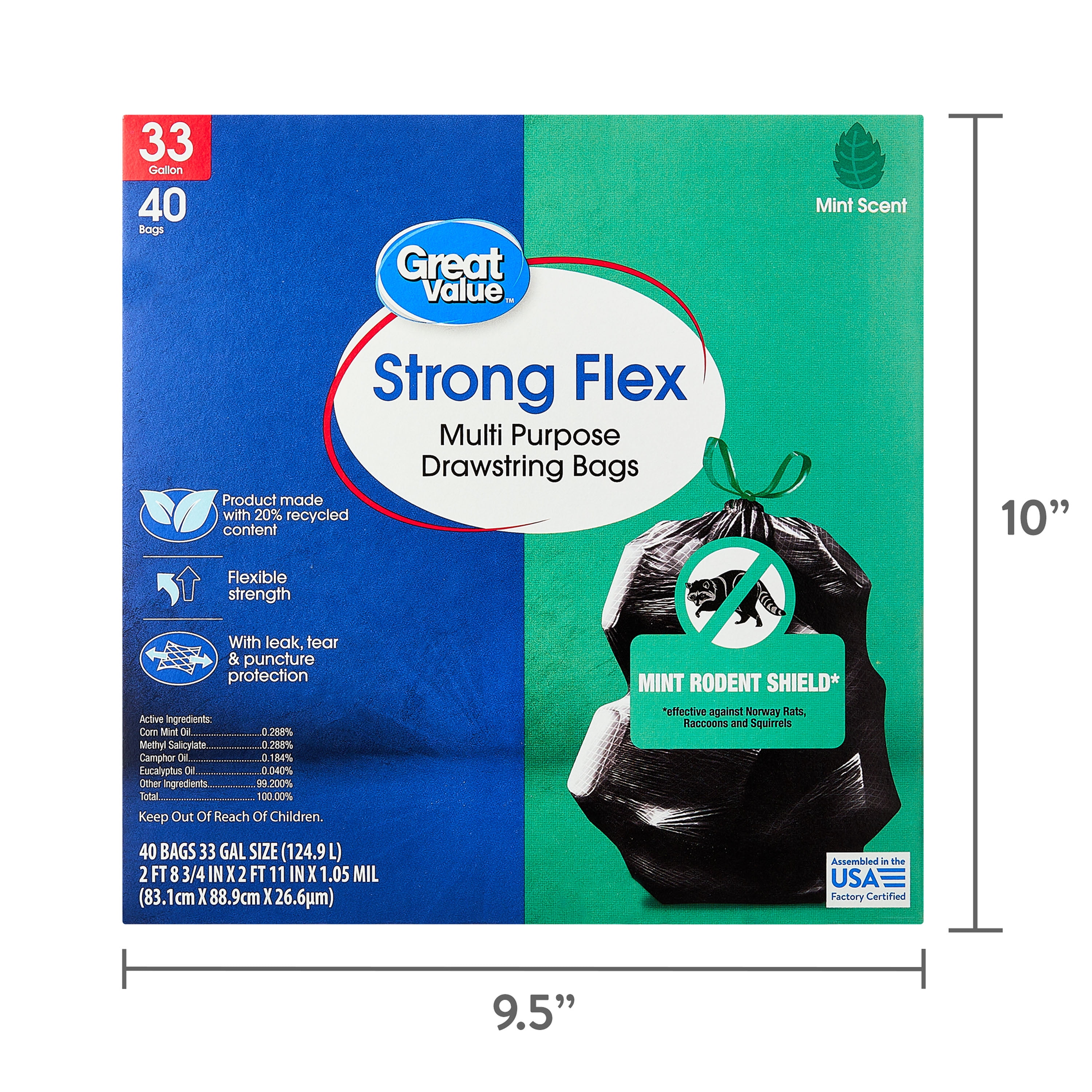 Great Value 33-Gallon Strong Flex Tall Kitchen Trash Bags, Mint Scent, 40 Bags