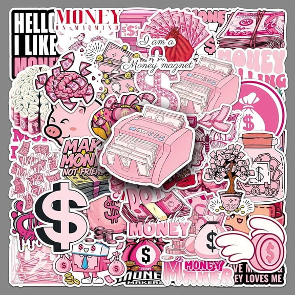 BESTSKY Pink Money Stickers Pack-50Pcs Aesthetic Vinyl Decals for Laptop,Water Bottle,Journal,Phone Case-Y2K Girly Hustle Manifestation Theme-Waterproof Diy Decorative Stickers for Teens&Adults