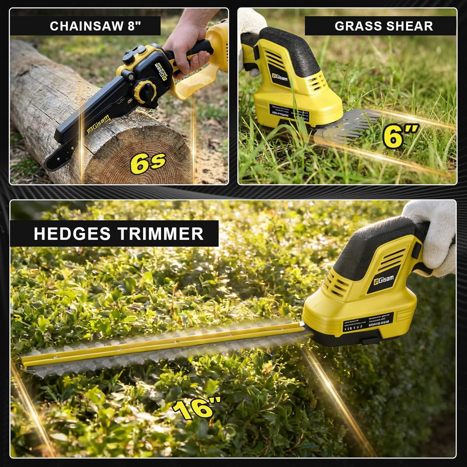Gisam 6-in-1 Mini Chainsaw & Hedge Trimmer, 8 inch Electric Chainsaw, 2×4.0Ah Batteries, Brushless Motor 2500W, 0-180° Adjustable,  4.5m Hedge Cutting