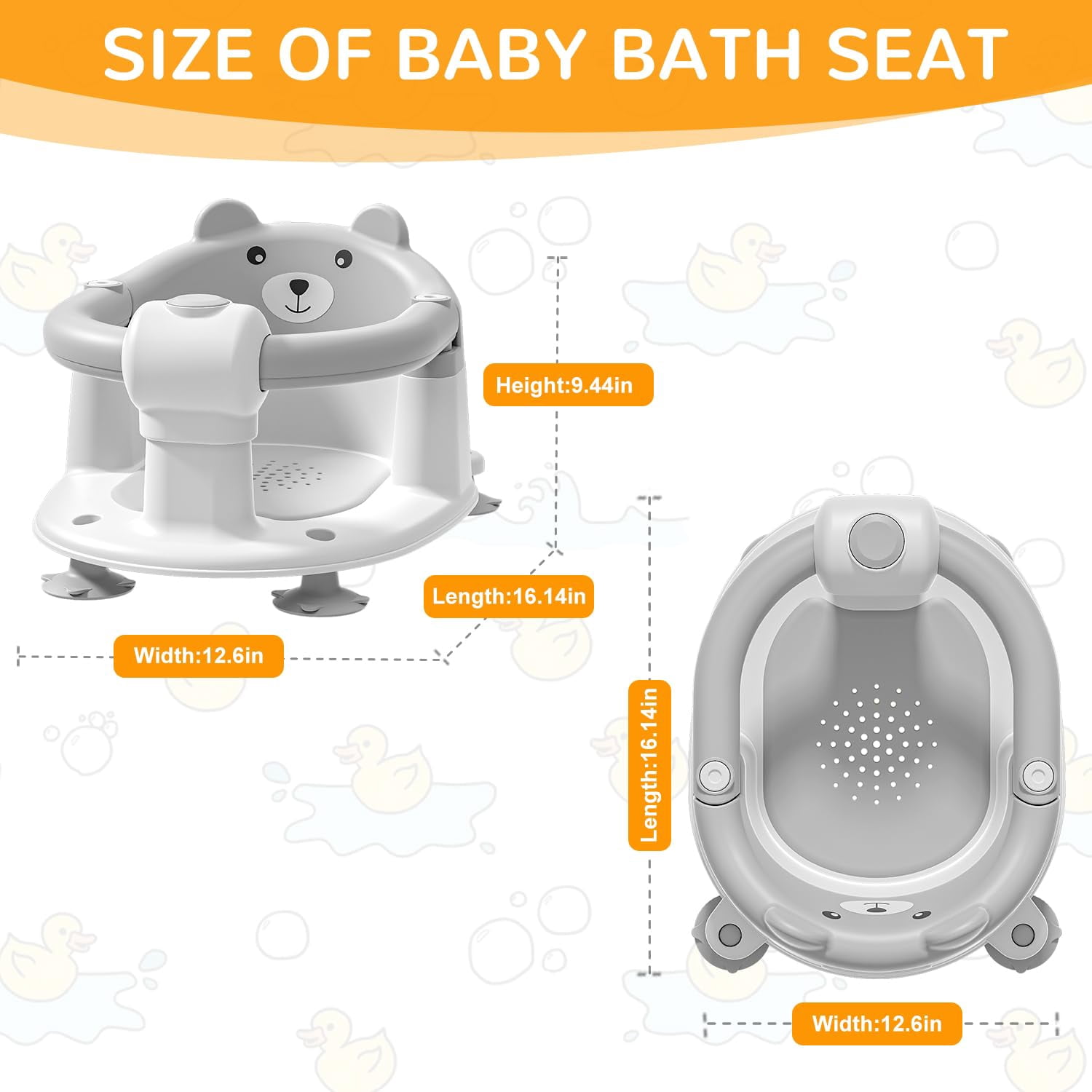 Soluxeo Baby Bath Seat for Babies 6 Months & up, Non-Slip Toddler Bath Seats for Babies Sitting Up with 4 Suction Cups & Soft Cushion for Shower(Gray)