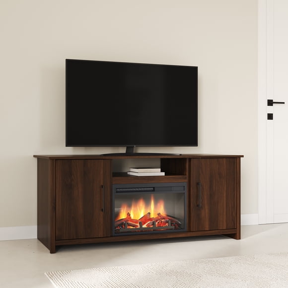 South Shore Fernley Transitional TV Stand for Living Room with Integrated Fireplace for TVs up to 60", in Natural Walnut