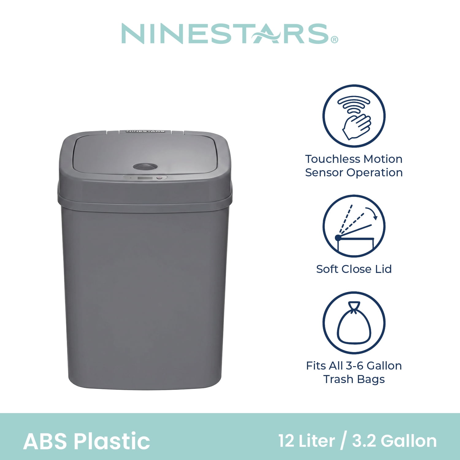 Nine Stars Automatic Bathroom Trash Can, 3.2 Gallon Plastic, Motion Sensor Waste Bin with Soft Close Lid, Soothing Grey