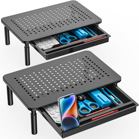 WALI Dual Monitor Stand with Storage, Desk Monitor Riser 3 Height Adjustable, Laptop Riser with Airflow Vents, Desk Organizer for Computer, Laptop, Printer, No