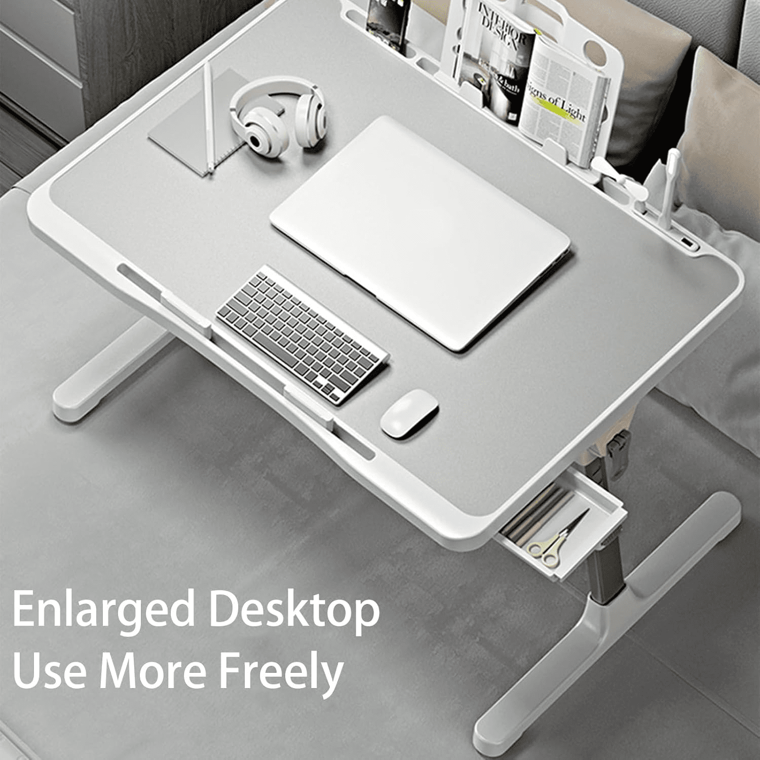 Lap Desk Bed Tray Table, Adjustable Laptop Stand for Bed with USB/ Light/ Fan/ Drawer, Portable Laptop Desk Table for Bed/ Couch/ Sofa/ Reading/ Writing, Bed Trays for Eating And Laptops
