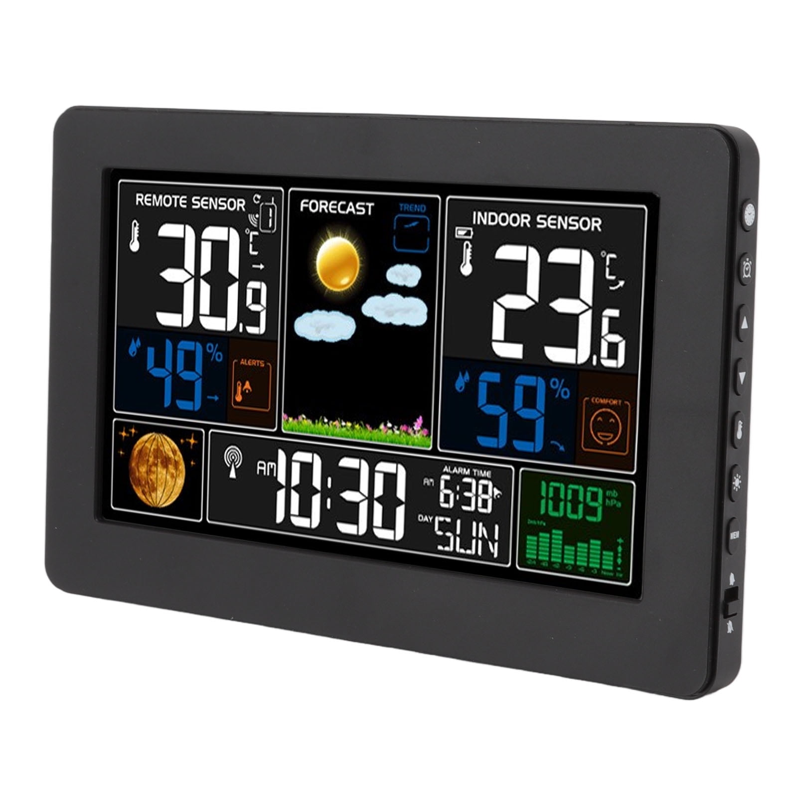 Nieyigj Multifunctional Weather Station Clock Large Color Display For Indoor Outdoor Temperature Humidity Air Pressure US Plug 100-240V Black Edition