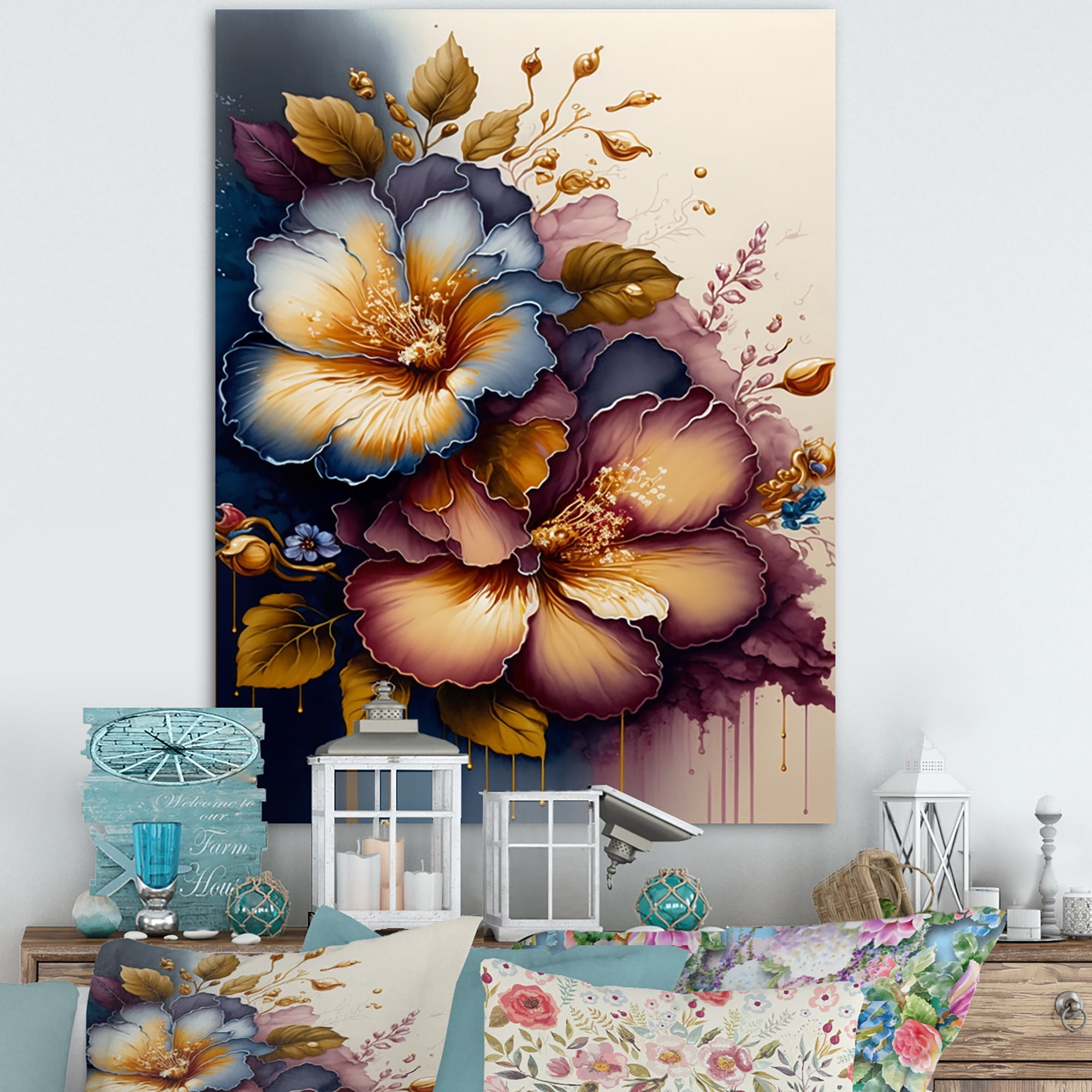 Designart Burgundy And Blue Hibiscus Bunch II Canvas Wall Art