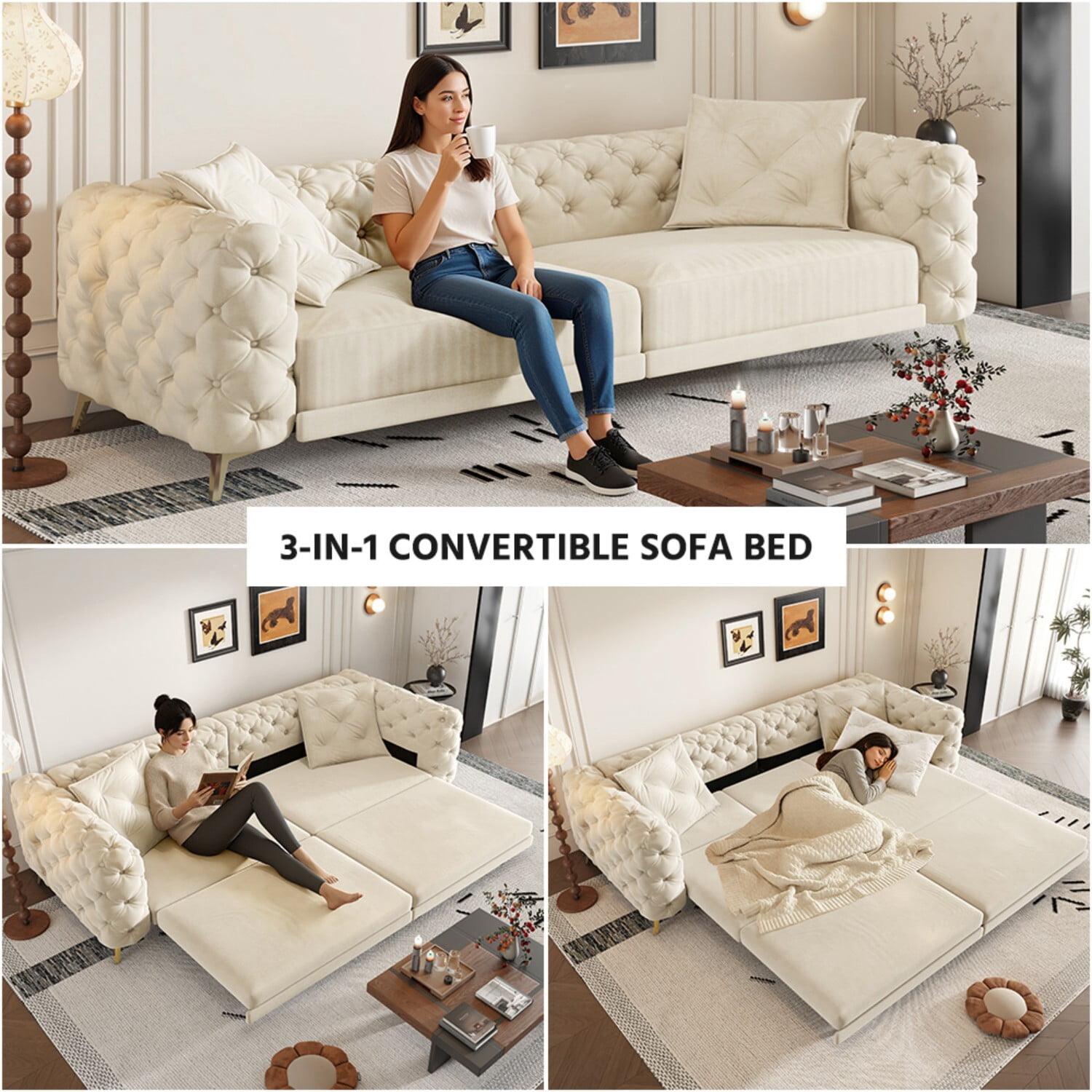 avobird 97" Overside Convertible Sofa, 3 in 1 Pull Out Sleeper Sofa Bed with Movable Ottoman, Button Tufted Modern Sofa for Living Room, Beige