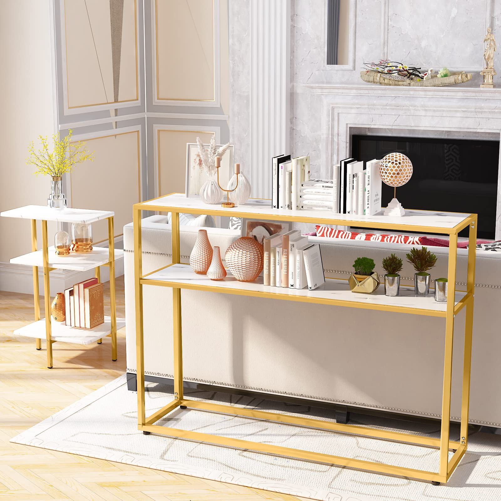 AWQM Modern 2 Tiers 3 Pieces Accent Coffee Table Set, Gold/White