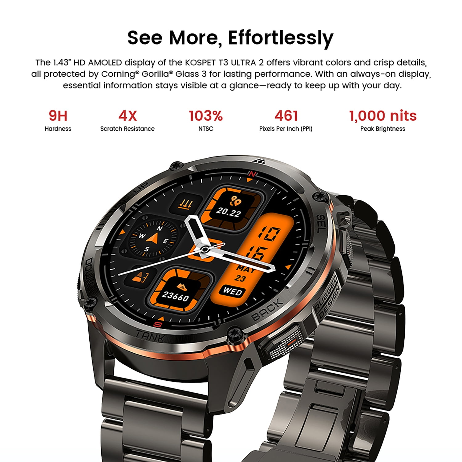 KOSPET TANK T3 Ultra 2 1.43-In. AMOLED GPS Smartwatch with Stainless Steel Band (Black), P-TUS002-B