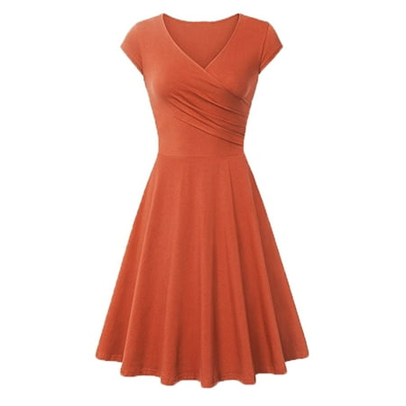 

SHUDAGENG Dresses Short Sleeve Knee Length Solid V-Neck Evening Gown Orange XL