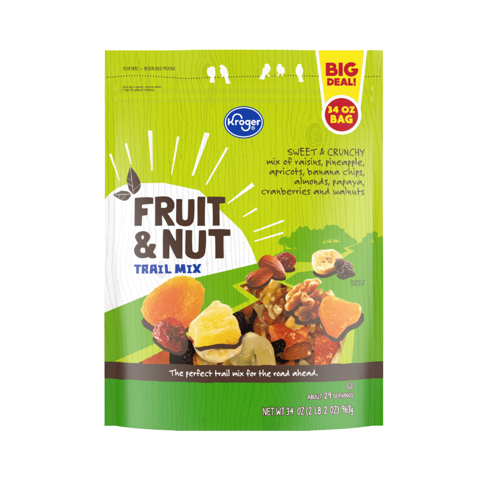 KG Fruit & Nut Trail Mix Sweet Crunchy Resealable Bag 34 oz , 2 Pack + Bonus