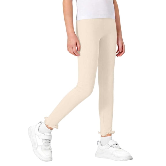 ITSAME Girls Ribbed Leggings Slim Fit High Waist Ruffle Casual Athletic Pants for Kids Beige Size 7