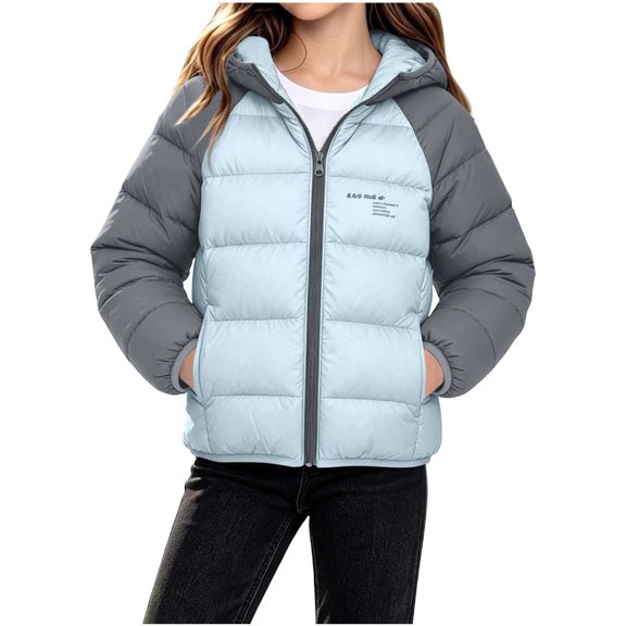ATOGUTA Girl Puffer Winter Coats Winter Coat School Snow Play Travel Kids Warm Hooded Parka With Bag Light Blue