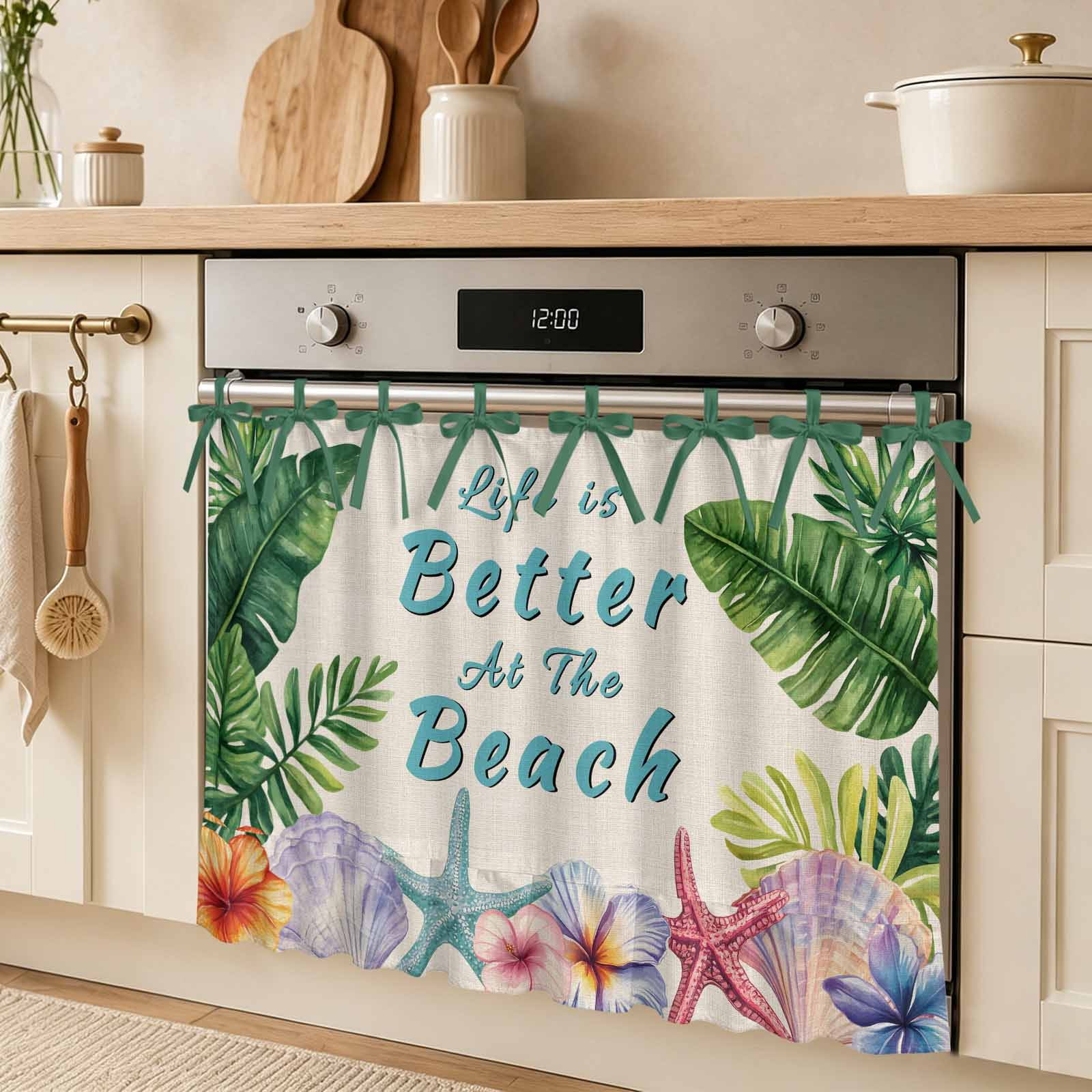Summer Oven Skirt Curtain Life Is Better At The Beach Linen Texture Tie Top Tier Curtains Stove Dishwasher Skirt Small Window Drapes for Kitchen Bathroom Cafe 30 x21.5