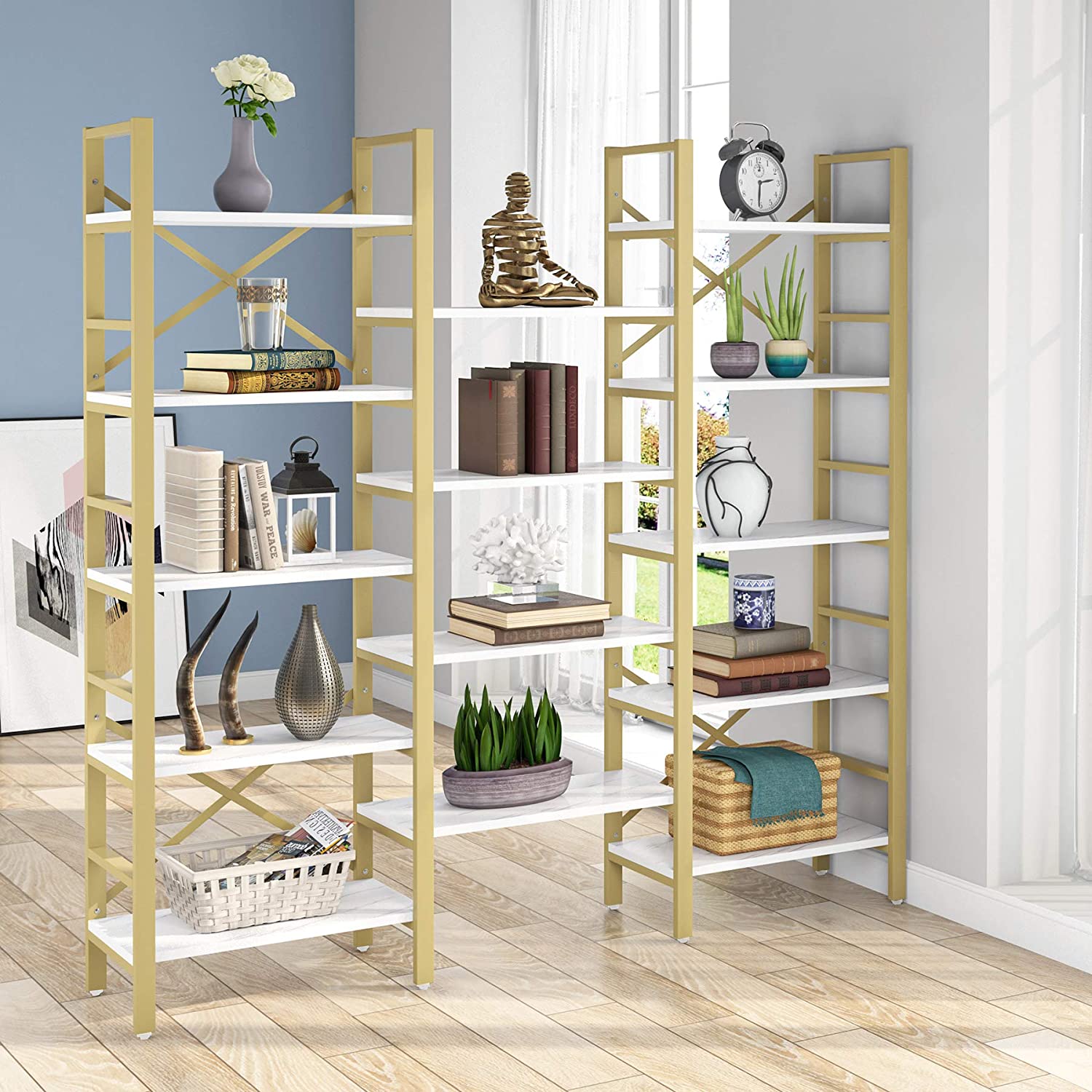 Tripla ampia libreria a 5 ripiani Etagere grande libreria aperta scaffale stile  industriale Vintage scaffale in legno e metallo grigio [US-W] - AliExpress