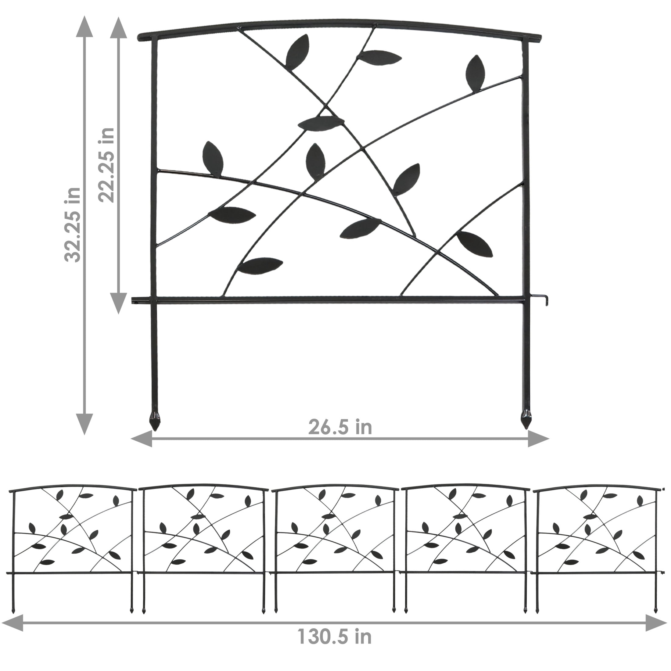 Sunnydaze Modern Leaves and Vines 32" x 26" Black Steel Decorative Garden Fence Panels (5 Count)