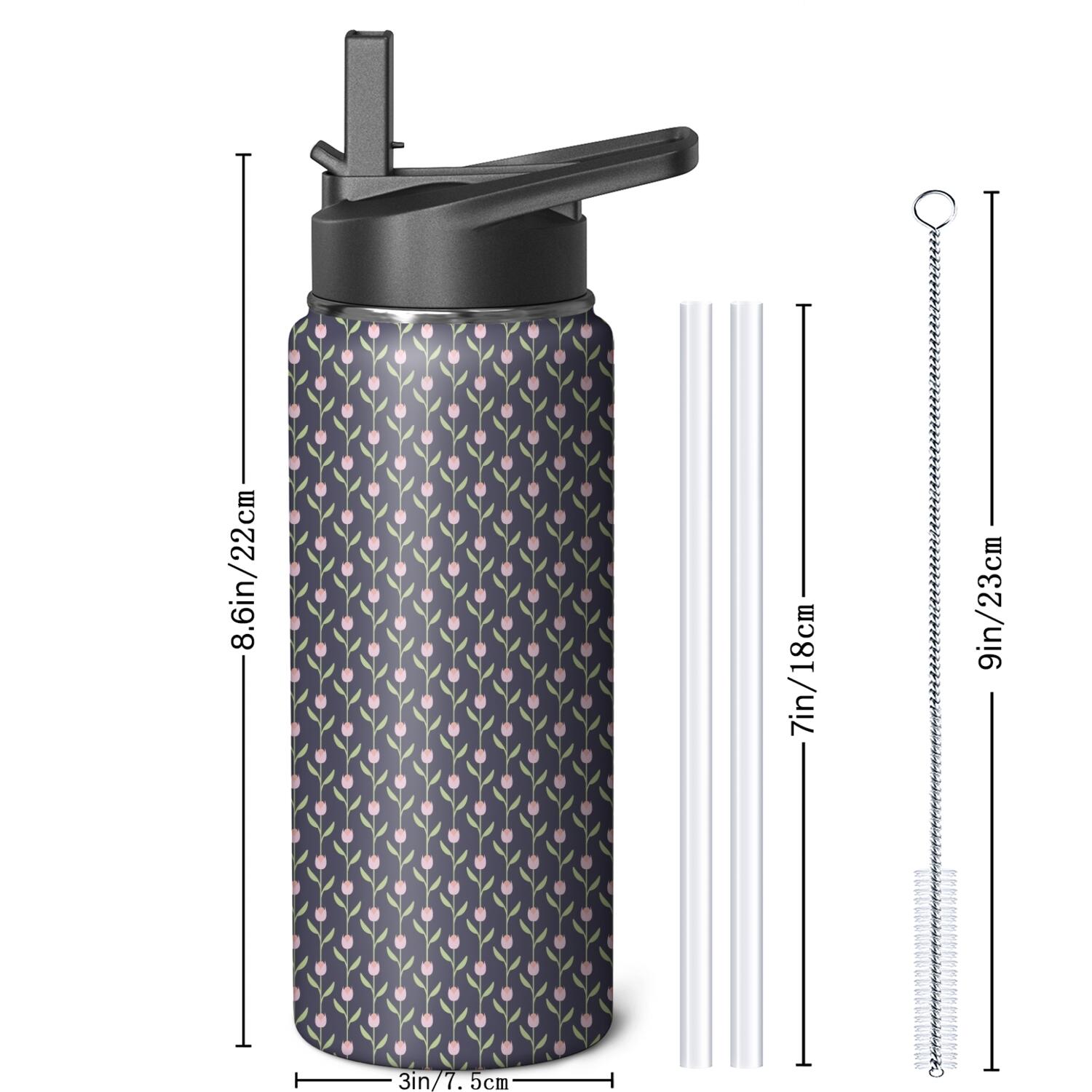 Modern 18 oz Insulated Stainless Steel Water Bottle with Straw & Cleaning Brush , Leakproof, BPA-Free, 304 Stainless Steel, Wide Mouth, Travel Mug for Car, Gym, Office