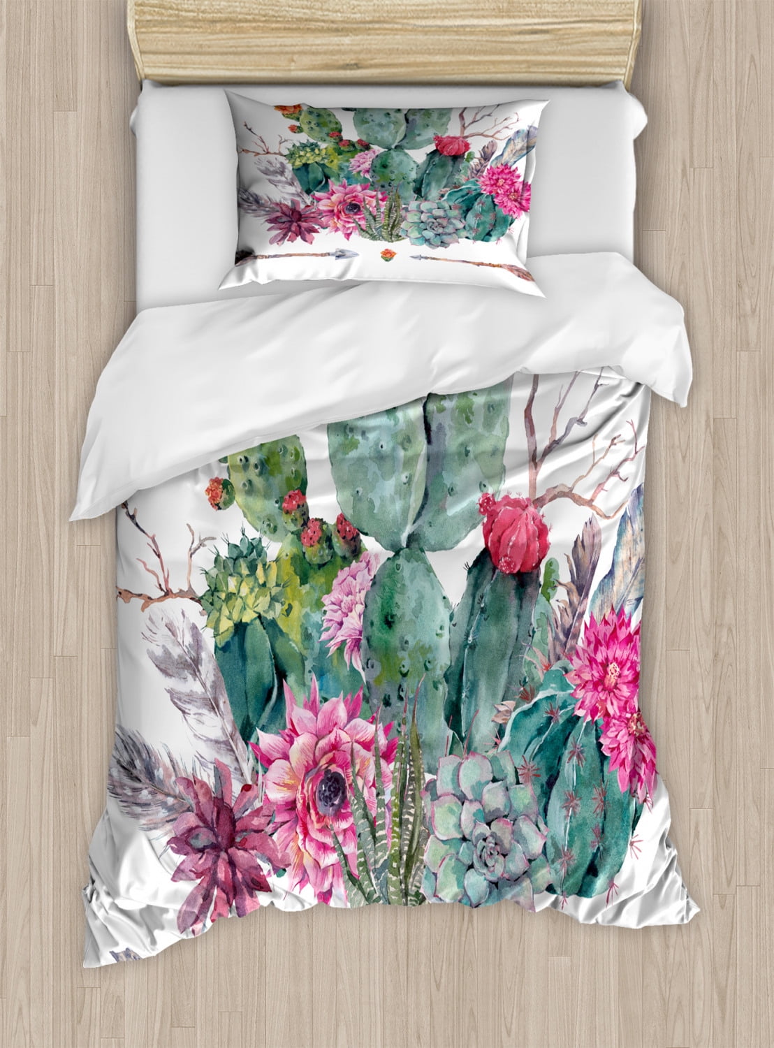 Cactus Duvet Cover Set Twin Size, Exotic Natural Watercolor Bouquet in Boho Style Succulent Flowers Feather and Arrows, 2 Piece Bedding Set with 1 Pillow Sham, Multicolor, by Ambesonne