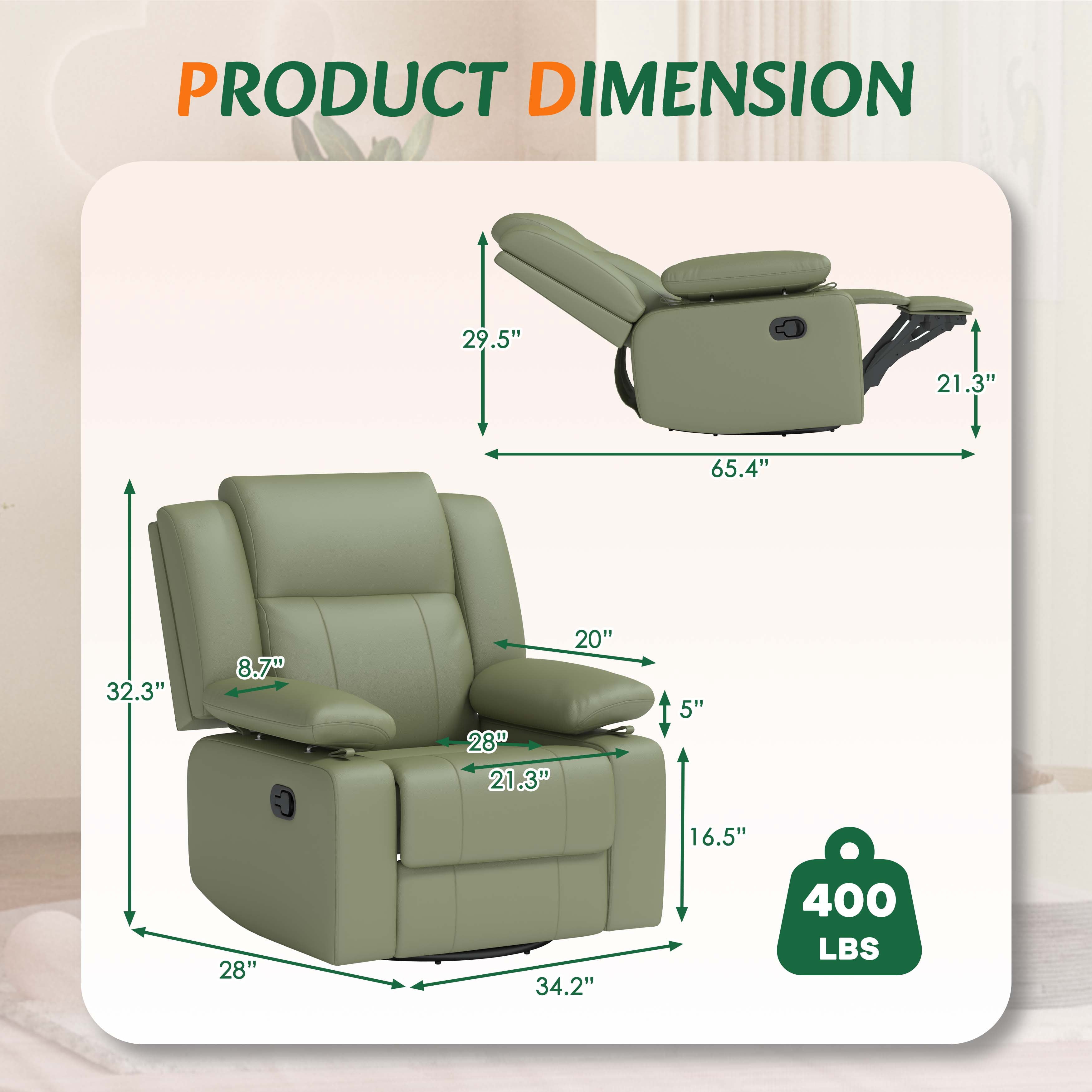 LAZZO Recliner Chair with Adjustable Armrest and Headrest, Upholstered Swivel Rocking Chair for Nursery & Living Room, Green