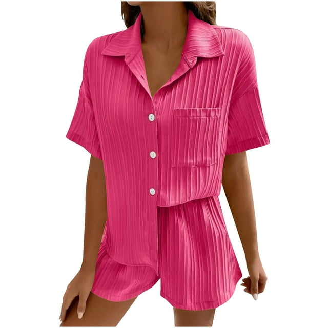 biudgviw Womens 2 Piece Outfits Short Sleeve Lounge Set Comfy Textured Lapel Button Down Shirts and Shorts Matching Set with Pocket