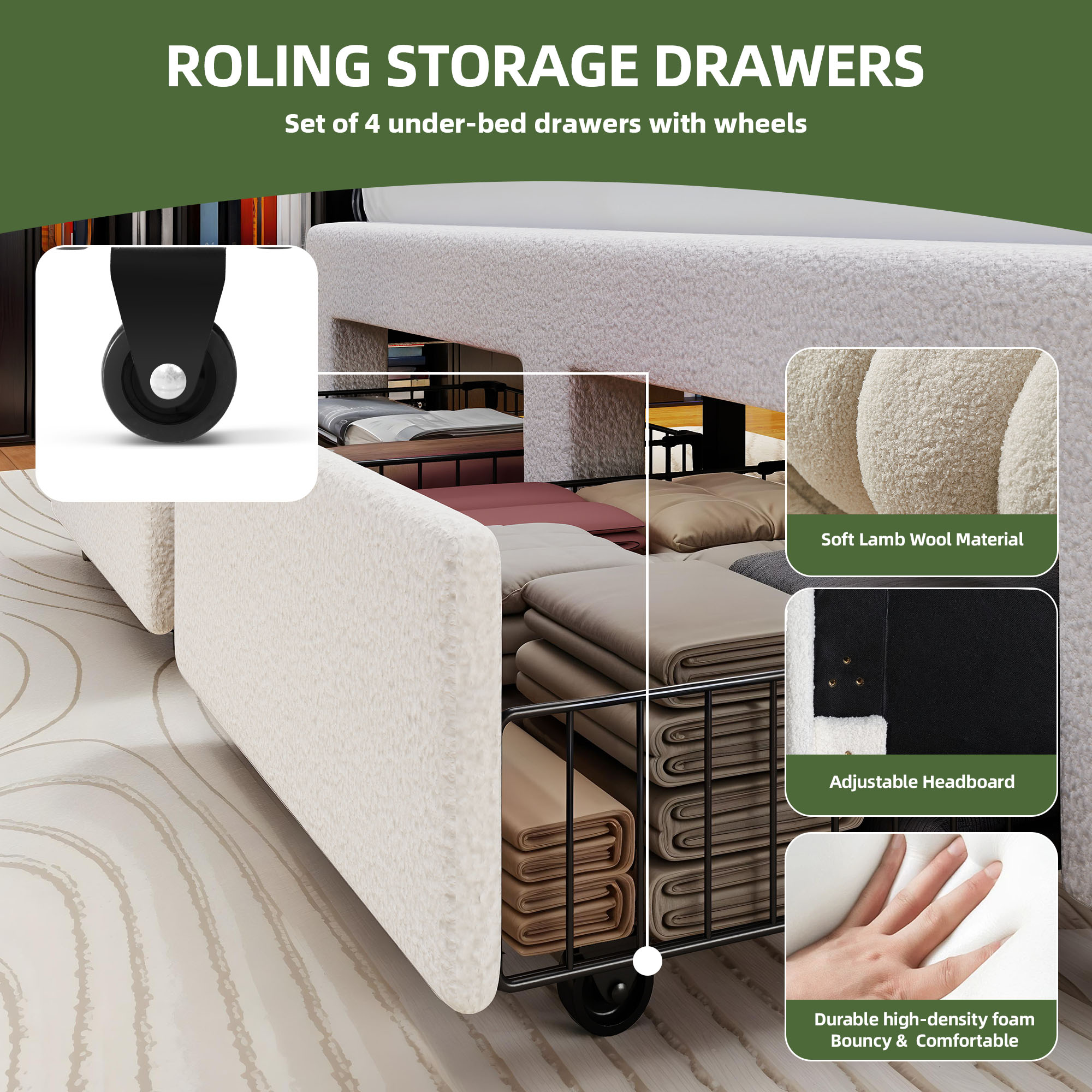 Uforic Queen Size Upholstered Bed Frame with Charging Station & Drawer, Storage Bed Frame with LED Lights & Adjustable Headboard, White