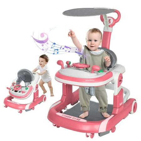 HAOUUCYIN 5-in-1 Baby Walker with Foot Pads/Handles for Girls Boys Pink