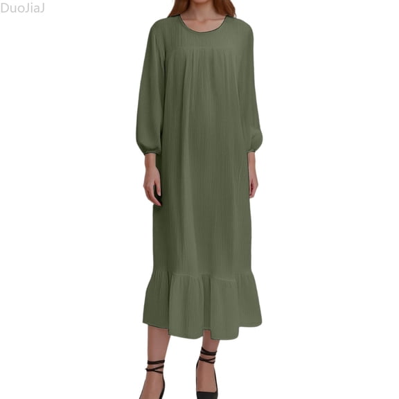 DuoJiaJ Womens Casual Dress, Crew Neck Ruffled Long Sleeve Dresses Green S-5XL