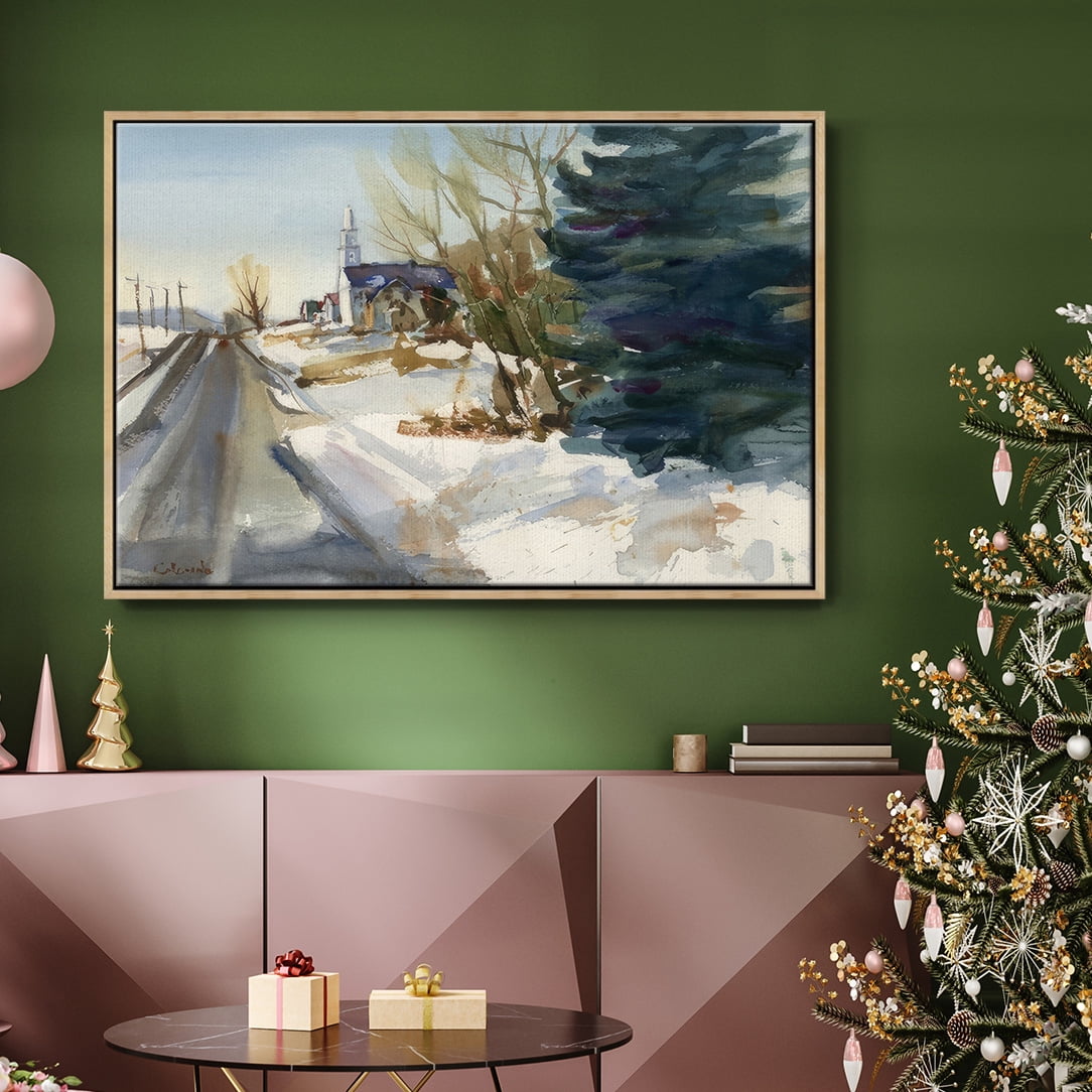 Congregational Church in Winter - Framed Gallery Wrapped Holiday Canvas - 25 x 37 - Natural Wood Frame