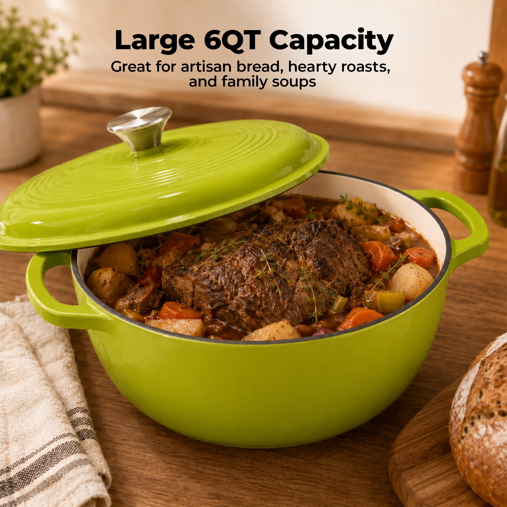 Alvantor Enameled Cast Iron Dutch Oven Pot with Lid-6Quart Non Stick Casserole Pot-Heavy Duty & Oven Safe up to 500° F for Bread Baking, Braising, Stews, Roasting