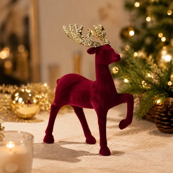 Ynsdnzl Glittery Burgundy Reindeer Christmas Ornament, Velvet Reindeer Figurine Holiday Decor, for Home Table Mantel Shelf Xmas Party Decoration