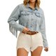 thumbnail image 2 of Chaqueta de mezclilla con flecos de manga larga y dobladillo deshilachado para mujer INSPIRE CHIC, corta, talla 2XL, azul claro, 2 of 6