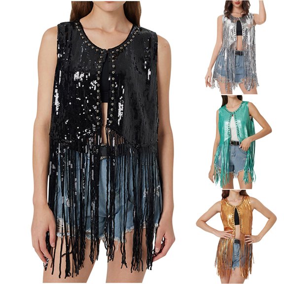 Akafmk Fall/Winter Tassels Vests for Women,Sleeveless Faux Leather Jacket,Solid Color Sleeveless Sequin Thread Tassel Cardigan Jacket
