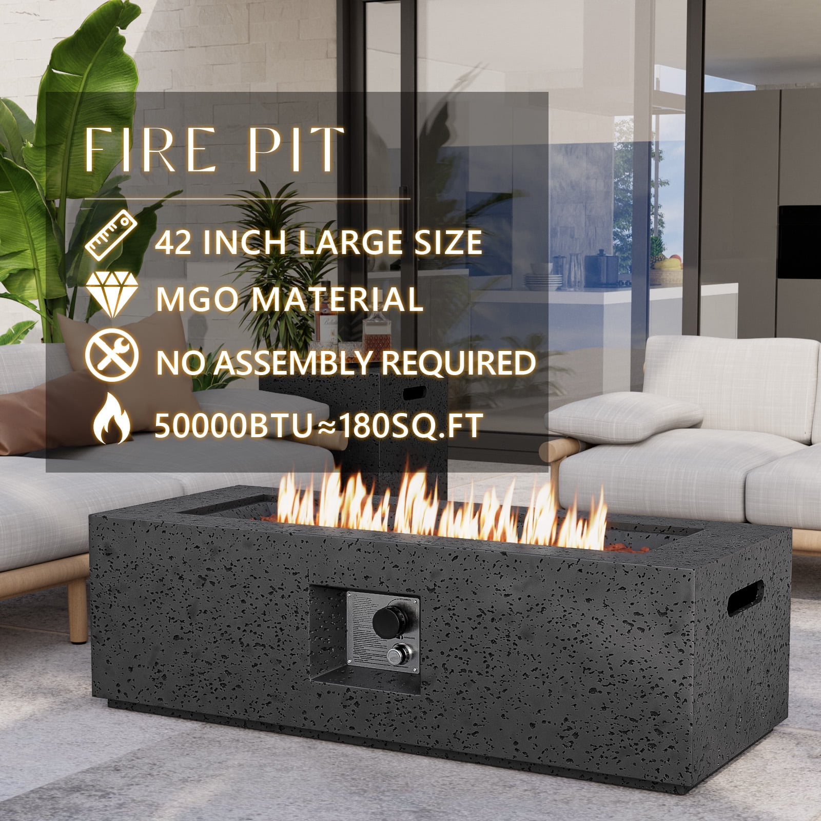 VENTOPYR 42" Rectangular Propane concrete Fire Pit Table with Tank Table