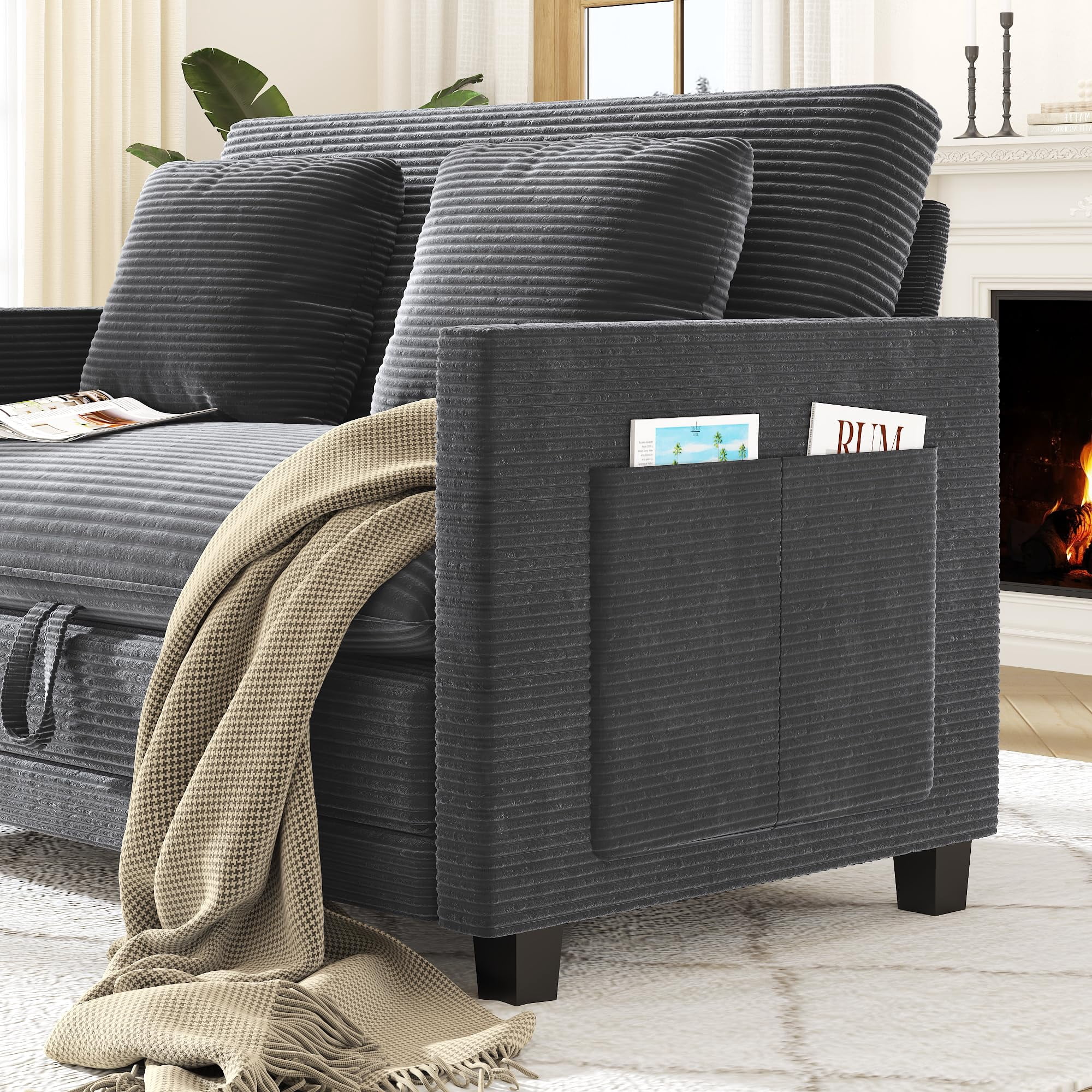 ANPOO 51 Inch Convertible Sofa Bed, 2-in-1 Folding Loveseat with Storage Pockets, 2 Pillows & Removable Cover, Modern Corduroy Sleeper Sofa for Small Spaces, Apartment and Living Room