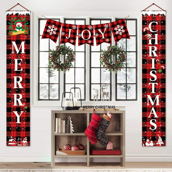 Merry Christmas Banner Christmas Porch Sign Decorations - Red Black Buffalo Plaid Outdoor Xmas Decor, Hanging Christmas Banner for Indoor Outside Front Door Garage Holiday Party Wall Decor