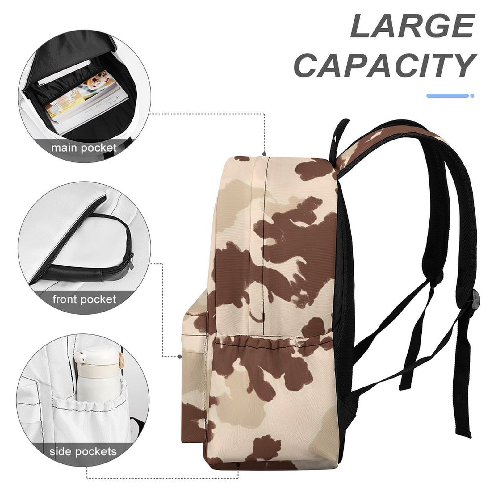 Large Capacity Half Print Backpack 11.8×16.5×5.9in Multifunctional Zipper Design Convenient Switch Brown Cow Pattern