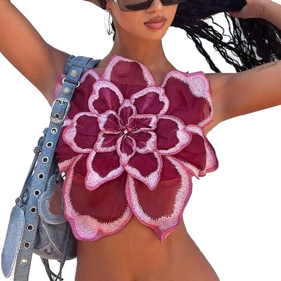 Women 3D Flower Spaghetti Strap Crop Cami Summer Sleeveless Backless Camisoles Y2k Going Out Party Shirt Streetwear