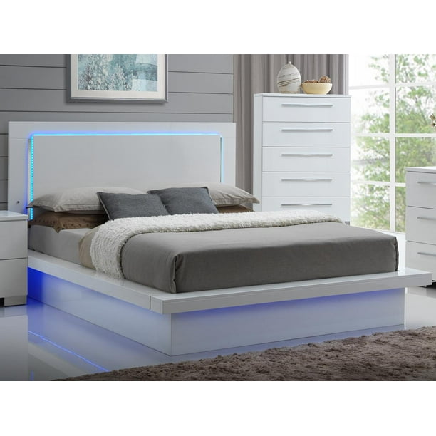 Saturn Led Lighted Queen Bed In White, Queen Bed With Led Lights In Headboard