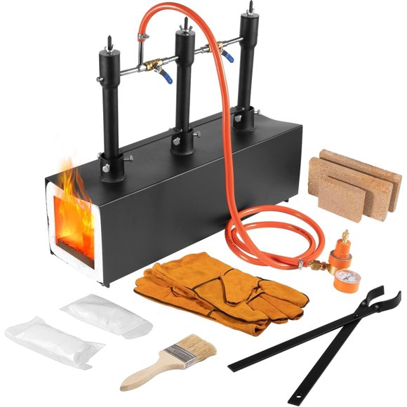 Propane 3 Burners Forge, 2700°F Blacksmithing Gas Forge, Large Capacity Square Propane Burner Portable Forge with V-Bit Tongs & Leather Gloves for Farrier, Knife and Tool Making