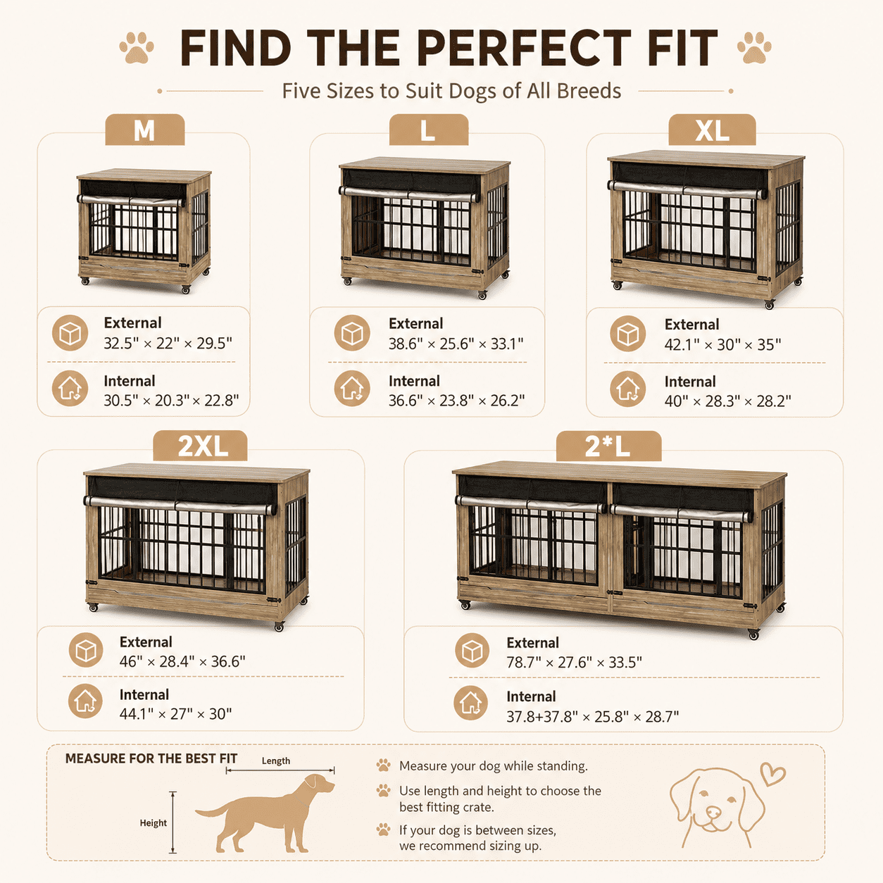 Aukfa 46-Inch Large Dog Crate Furniture, Indoor Dog Kennel Decorative Pet Cage End Table, Lift-Up Door, Curtain & Wheels,Greige