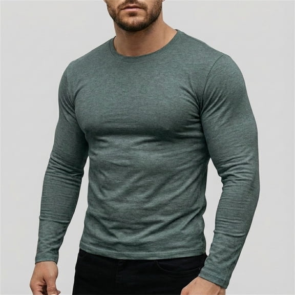 Men's Crew Neck Long Sleeve T-Shirt, Soft Stretch Casual Pullover Tee, Basic All Season Layering Essential for Fall Winter, Streetwear and Daily Wear Blackish Green L