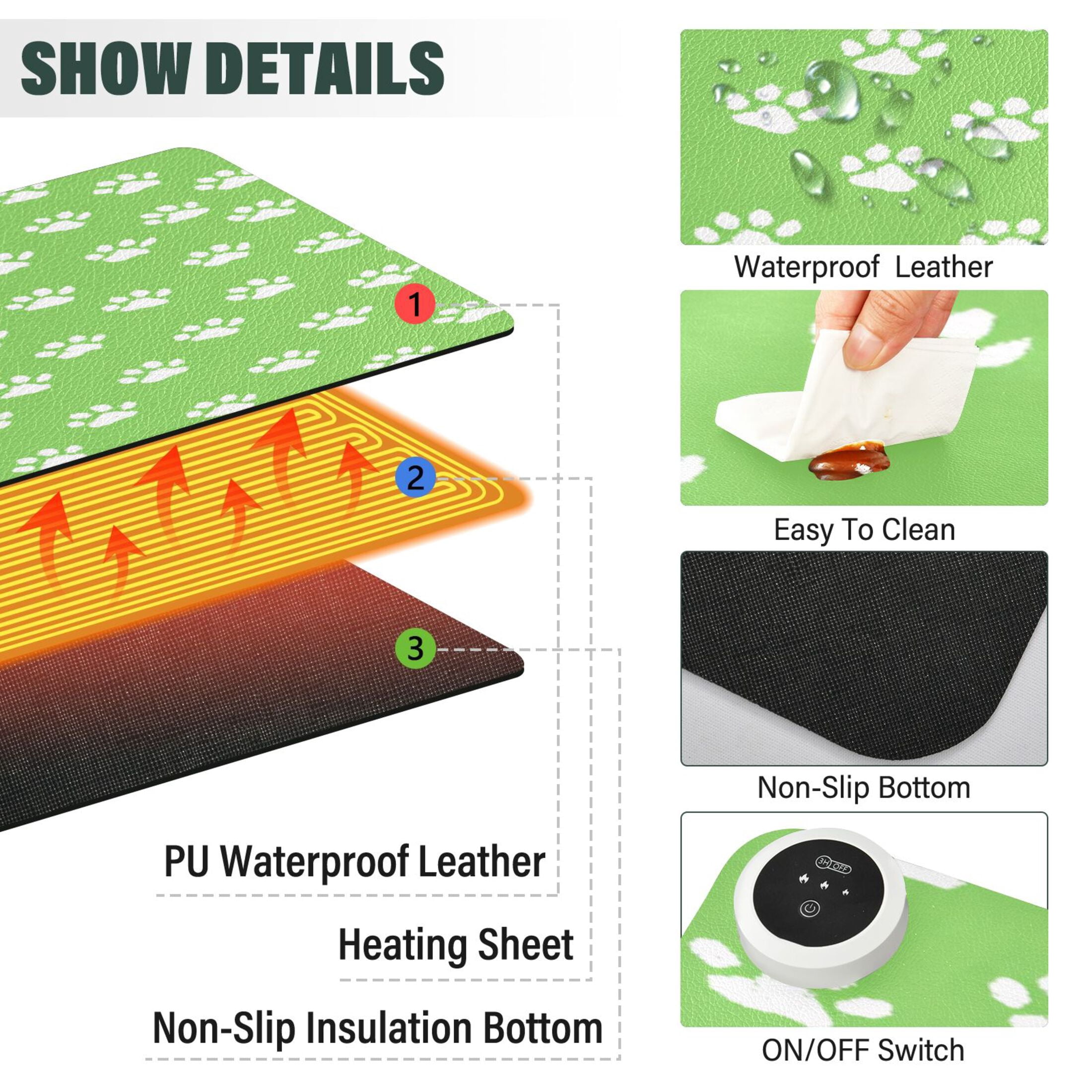 Large Heated Desk Mat Mouse Pad 31.5"x13"PU Leather Graphene Heating Desk Warmer with 3 Temperature Settings 110V US Plug Non-Slip Warm Pad for Home, Office, and Gaming Green Paw Print Pattern